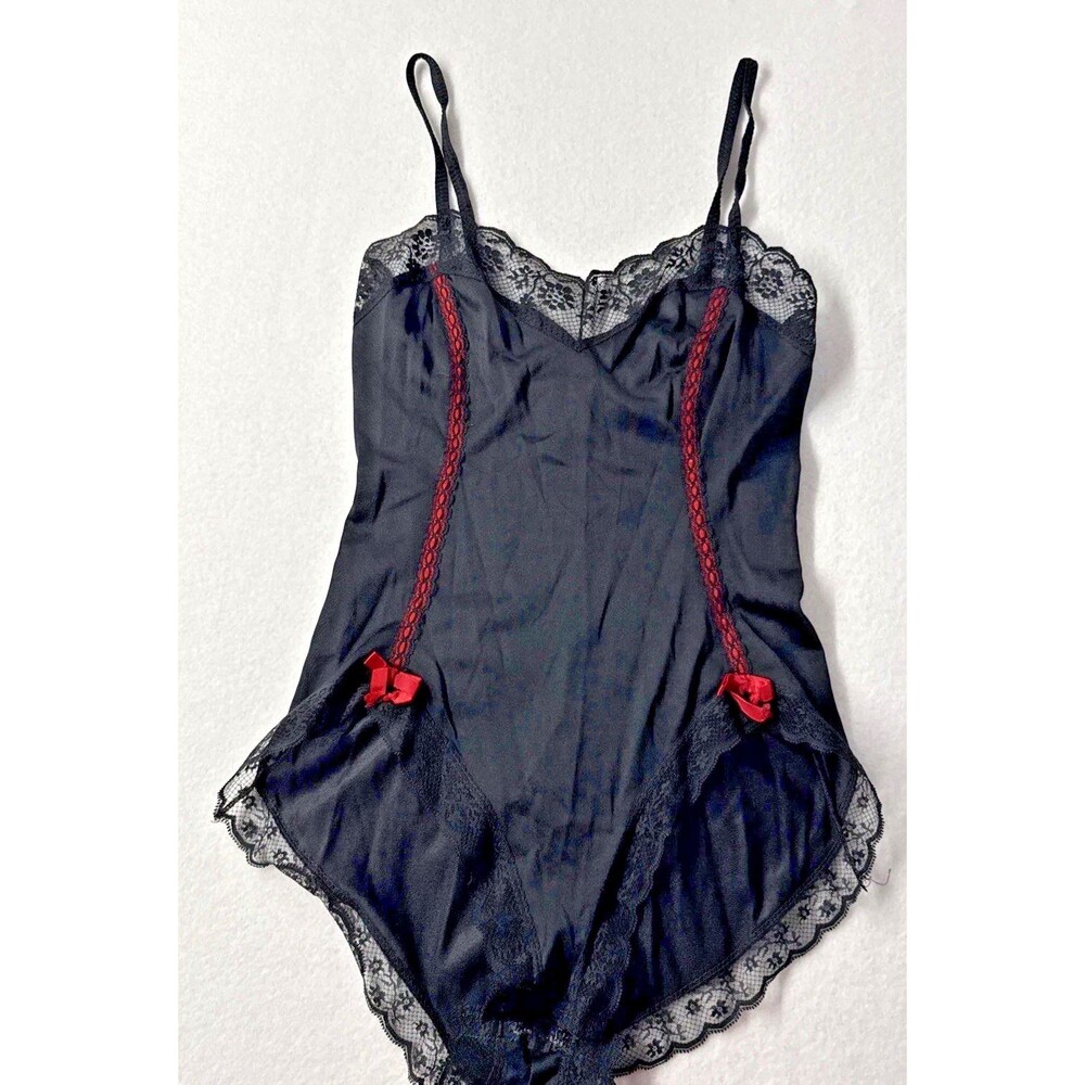 Lady Cameo Dallas Black Lace Teddy Bodysuit Red Trim Womens Small Vintage